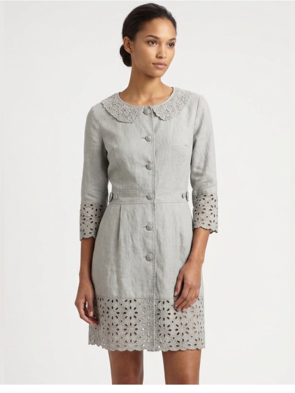 Vintage L Linen Blend Eyelet Dress Peter Pan Collar Coquette Girl Grey Boho